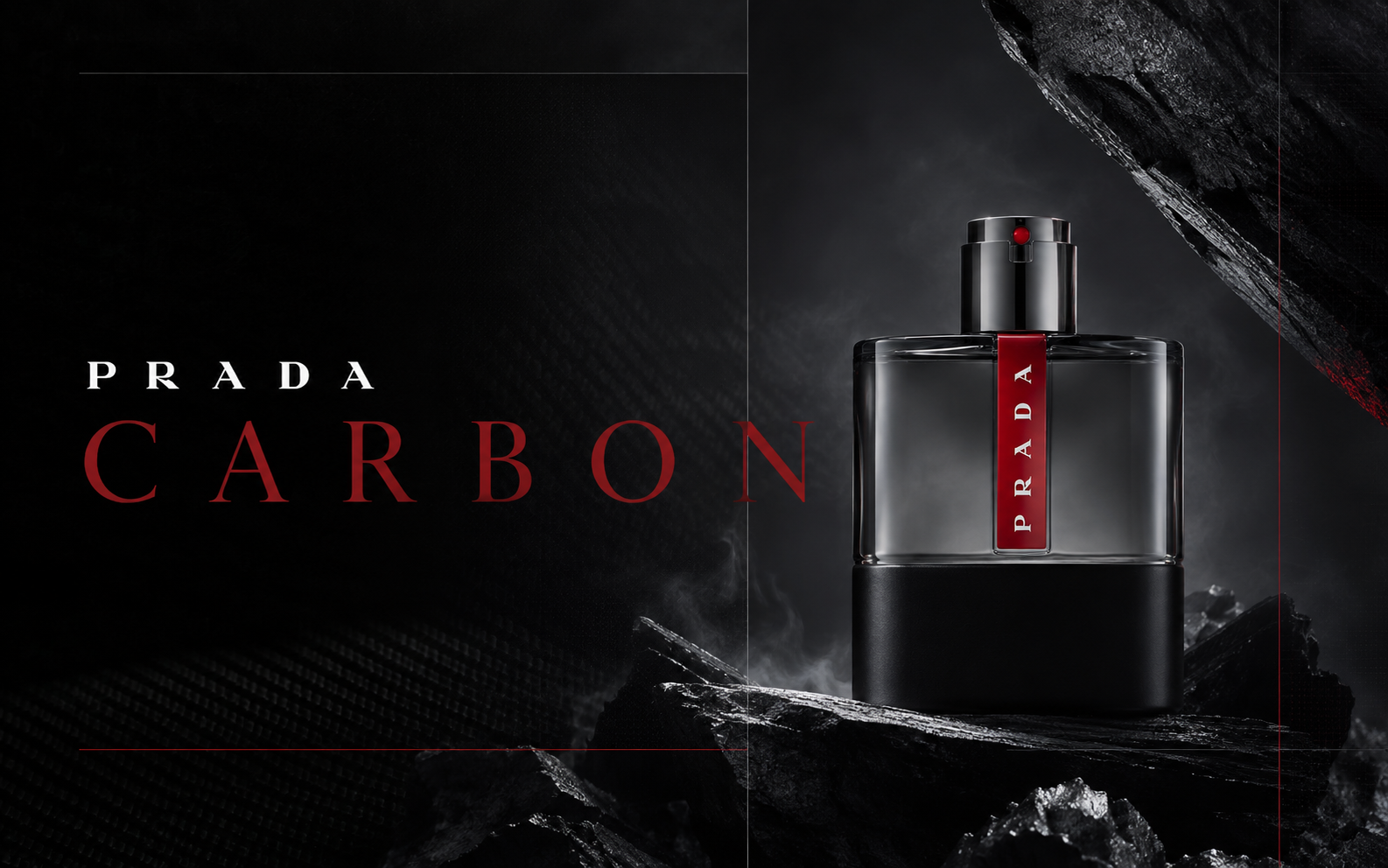 Prada Carbon campaign design in black, charcoal and signature red